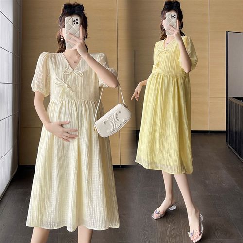 孕妇连衣裙夏短袖薄款V领国风旗袍杏色中长款时尚辣妈2023新款女 - 图0