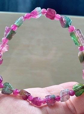 天然西瓜碧玺原石随形手链单圈手串一物一图饰品礼物情侣送女友