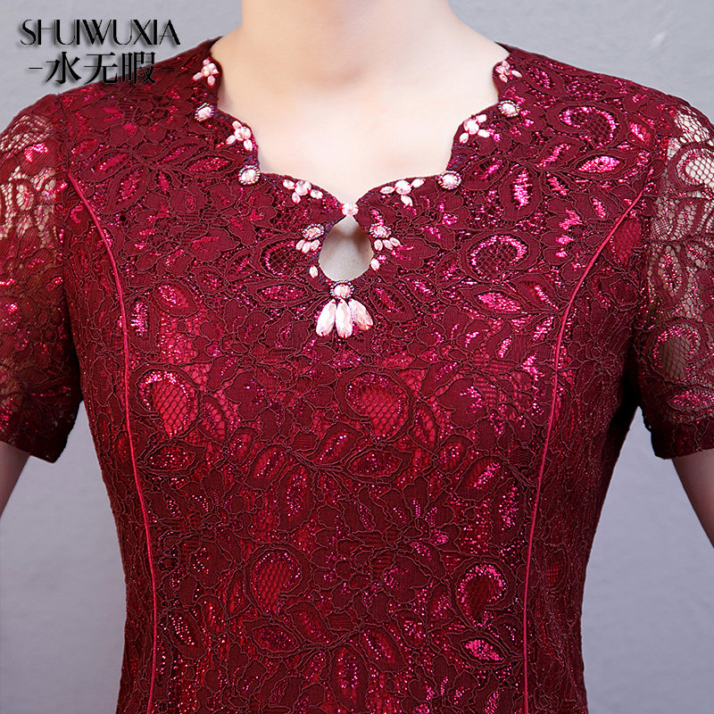 小个子妈妈装婚礼服酒红中长款连衣裙夏丈母娘喜婆婆婚宴服敬酒服 - 图2