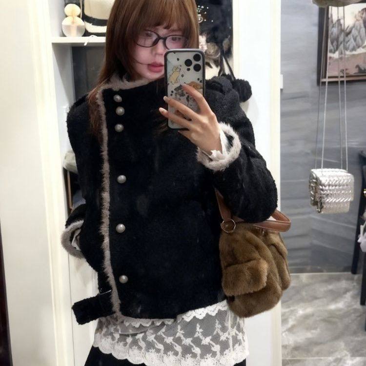 韩系设计感毛条拼接立领毛呢外套女秋冬新款通勤宽松黑色短款夹克,淘宝优惠券,粉丝福利购,淘宝优惠卷