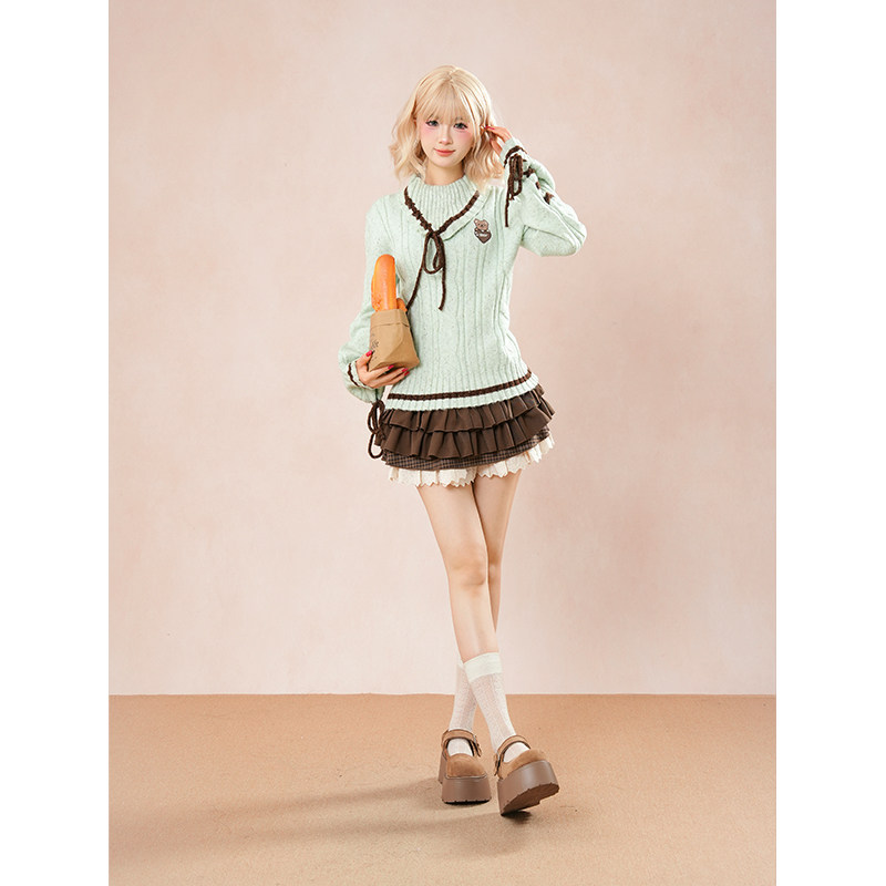 薄巧奶昔 萌妹蝴蝶结针织毛衣百褶短裙两件套秋冬可爱甜美套装,淘宝优惠券,粉丝福利购,淘宝优惠卷