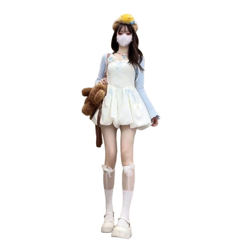 法式甜美温柔风杏色花苞吊带连衣裙子搭配蓝色防晒披肩女两件套装,淘宝优惠券,粉丝福利购,淘宝优惠卷