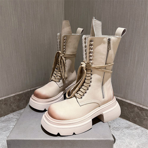 马丁靴2023年秋冬新款真皮绑带中筒靴小腿靴大黄靴工装靴爆款女鞋 - 图2