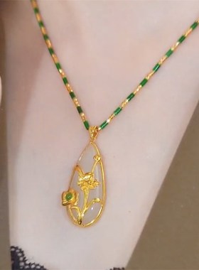 花开富贵冰透油糯水滴项链女时尚穿搭绿色竹节链毛衣链设计感配饰