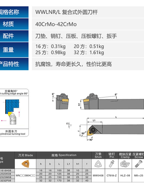 95度数控车刀刀杆WWLNR2020K08/2525M08/3232P08车床刀具外圆车刀