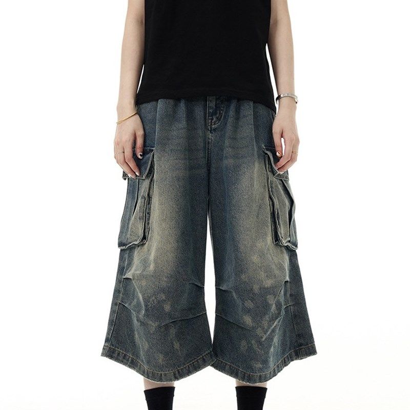 美式复古夏季多口袋水洗工装牛仔短裤男褶皱新款七分裤宽松垂感裤,淘宝优惠券,粉丝福利购,淘宝优惠卷