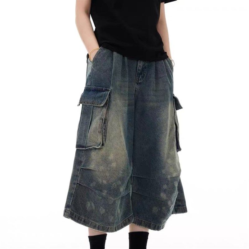 美式复古夏季多口袋水洗工装牛仔短裤男褶皱新款七分裤宽松垂感裤,淘宝优惠券,粉丝福利购,淘宝优惠卷