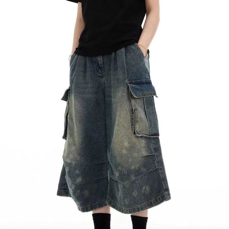 美式复古夏季多口袋水洗工装牛仔短裤男褶皱新款七分裤宽松垂感裤,淘宝优惠券,粉丝福利购,淘宝优惠卷