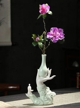 青瓷佛手花瓶摆件家居客厅玄关禅意茶室陶瓷花瓶插桌面装饰工艺品