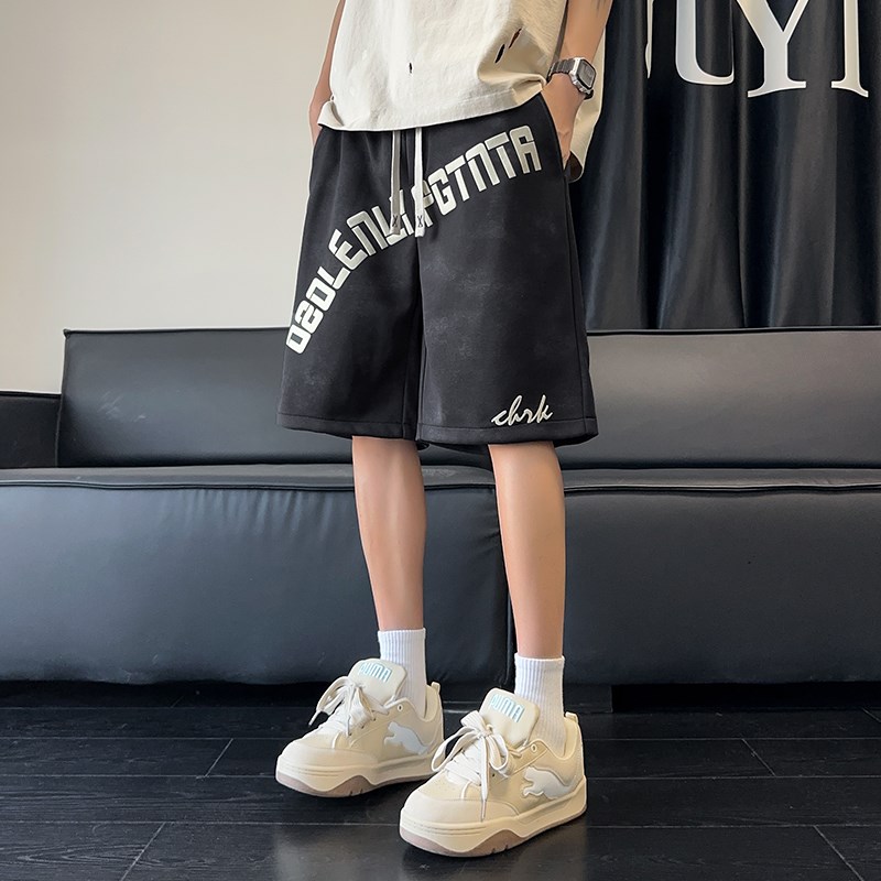 字母发泡印花运动短裤男夏季五分裤潮牌复古扎染裤子美式篮球裤薄 - 图0