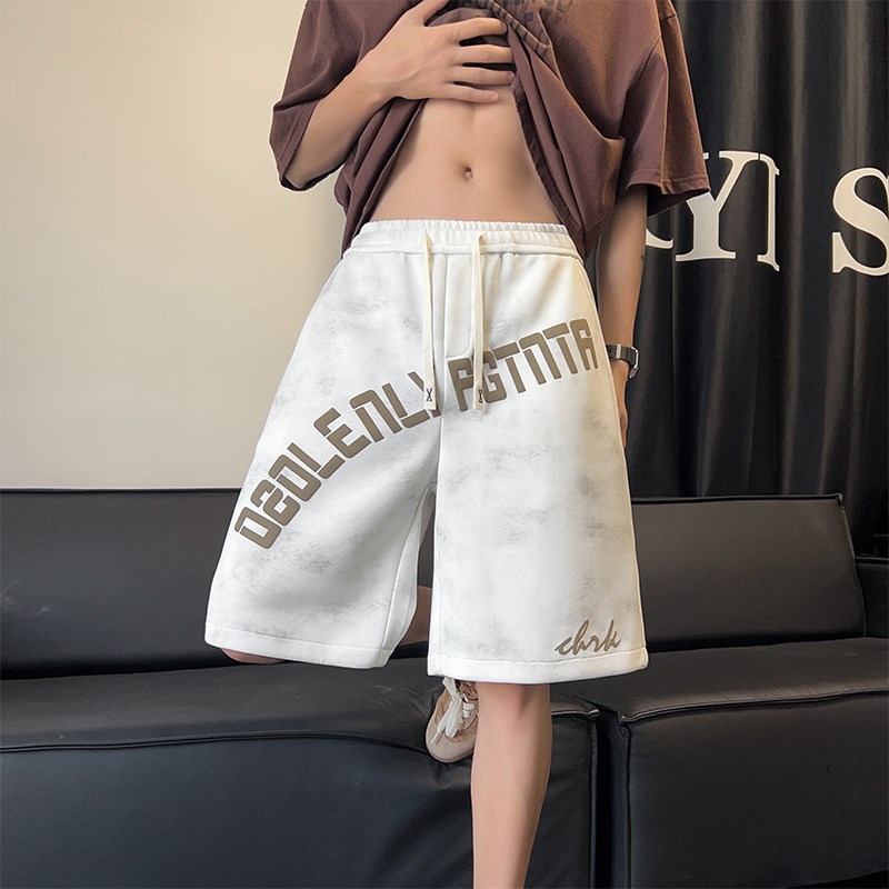 字母发泡印花运动短裤男夏季五分裤潮牌复古扎染裤子美式篮球裤薄 - 图1