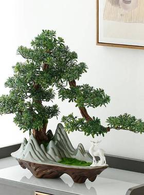 仿真迎客松崖柏盆景摆件创意客厅办公室玄关景观盆栽装饰绿植摆设