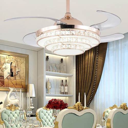 水晶隐形吊扇灯简约时尚现代电风扇吊灯客厅餐厅带led欧式风扇灯 - 图0