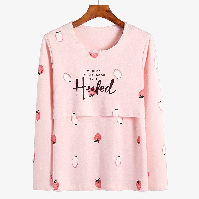 孕妇怀孕期秋衣单件月子服100%纯棉产后喂奶哺乳期上衣服长袖睡衣 - 图0