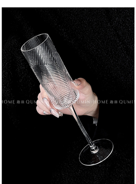 Qumin 直筒高脚杯小众复古浮雕玻璃杯高级感葡萄酒杯透明红酒杯子