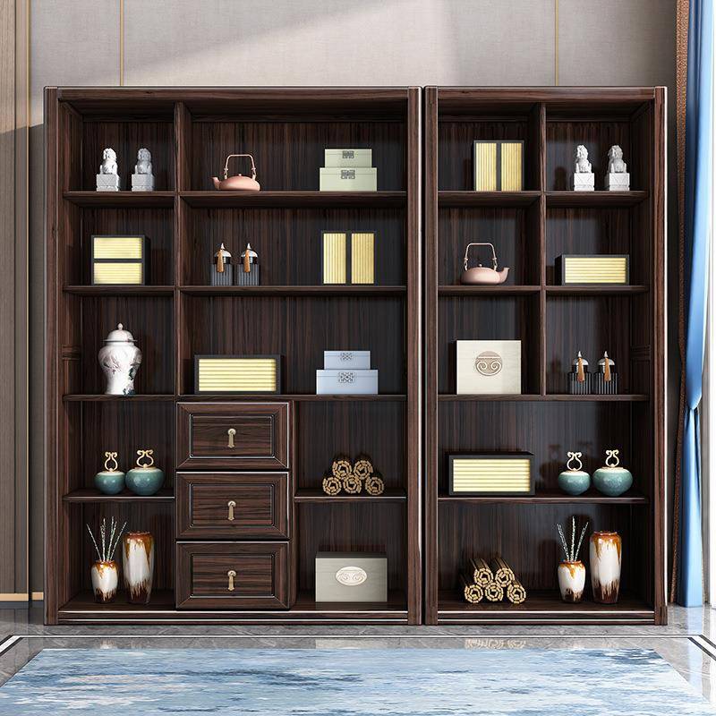 新中式乌金木全实木家用书柜组合落地简约书橱带书架玻璃门储物柜 - 图1