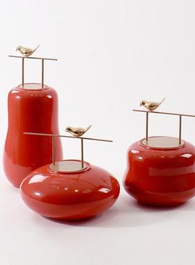 新中式中国红软装陶瓷装饰摆件样板间客厅玄关电视柜书房创意摆设