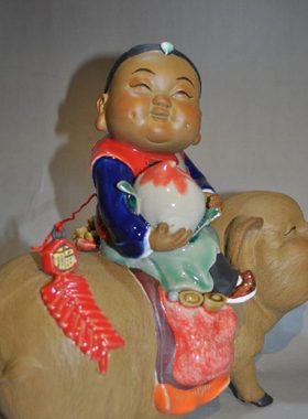 陶瓷石湾公仔好日子童子献寿骑猪丰衣足食创意中式摆件家居博古架