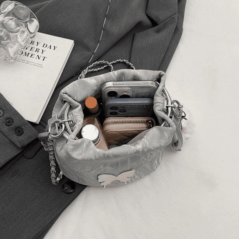 2024新款韩系高级感百搭水桶包夏季小众设计链条斜挎褶皱包单肩包,淘宝优惠券,粉丝福利购,淘宝优惠卷