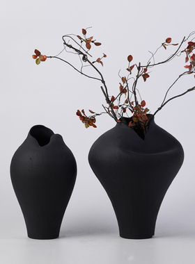 现代新中式灰白黑色手p工陶瓷花瓶摆件样板间酒店客厅玄关花器装