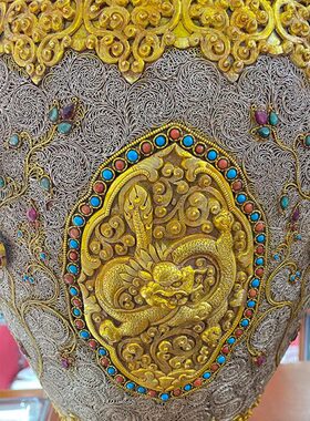 尼泊尔掐丝花瓶铜鎏金鎏银家居饰品摆件大号花瓶60cm单个