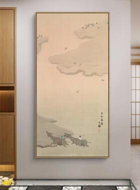 潇湘八景新中式入户玄关装饰画山水风景画中餐厅挂画竖款茶室壁画