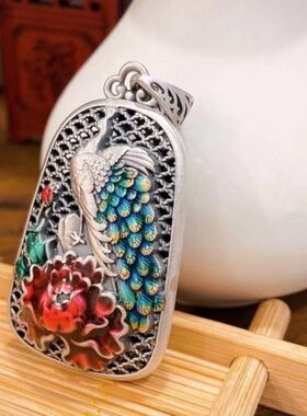 个性民族风藏银中国风孔雀吊坠项链女复古手工珐琅彩长毛衣链饰品