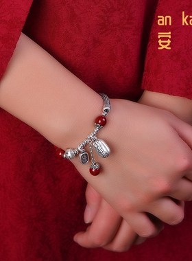 福禄平安钱多f多足银s999手链男女情侣中国风本命年转运珠朱砂手