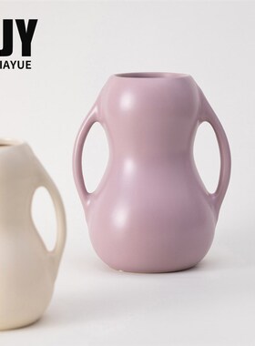 现代侘寂双耳花瓶陶瓷摆件 家居客厅餐厅插花花器装饰品