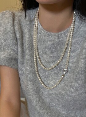 高级感珍珠长款爱心项链女法式复古小众个性简约气质颈链毛衣链