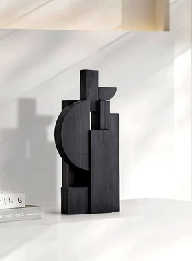 酒店样板间几何抽象木雕玄关摆件展厅售楼处软装侘寂风雕塑艺术品