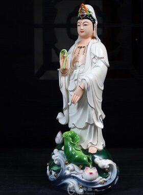 白瓷描金立荷水浪滴水观音像 立式菩萨佛像家居工艺品摆件瓷器