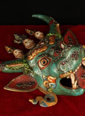 尼泊尔纯铜手工打造彩绘镶嵌宝石密宗大威德护法头像面具