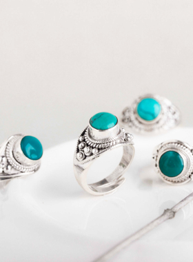 印度尼泊尔手工925银饰s品绿松石戒指女 男开口个性创意复古民族