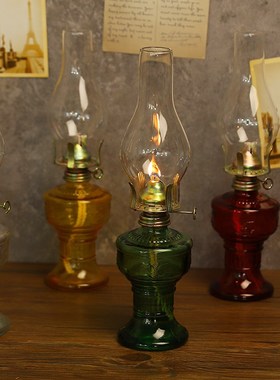复古加厚玻璃农村老式煤油灯桌面摆件怀旧老物件露V营小夜灯装饰