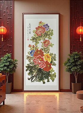 新款牡丹国画鎏金描边花开富贵中式挂画中国玄关描金装饰画客厅