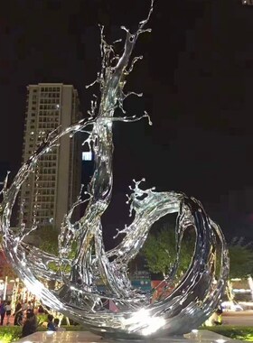 大型不锈钢金属j圆环雕塑镂空月亮镜面浪花户外园林景观水景装饰