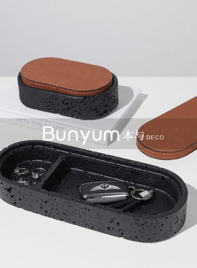 新中式大理石黄洞石收纳盒首饰盒创意摆件样板间装U饰盒子桌面软