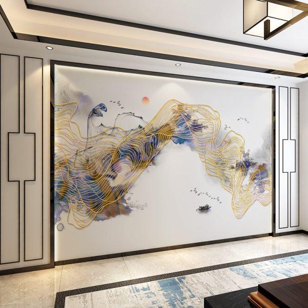 8D新中式抽象金色山水电视背景墙客厅装饰壁画现代简约影视墙布,淘宝优惠券,粉丝福利购,淘宝优惠卷
