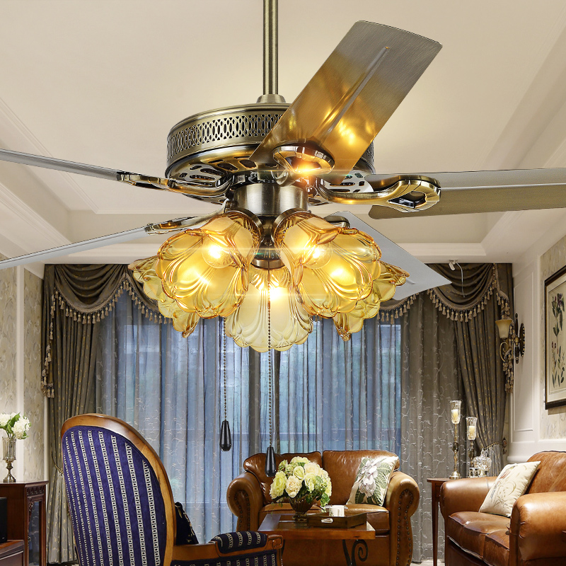 餐厅风扇灯 木叶吊扇灯客厅欧式带灯铁叶电风扇灯的家Z用风扇吊灯 - 图0