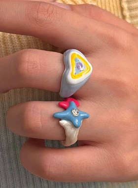 戒指女粗胖手大号稀奇古怪的戒y指韩系戒指独特漂亮戒指甜美彩色