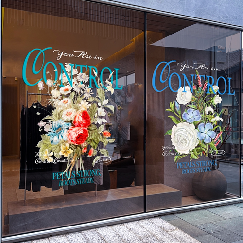 春日花丛底纹春天氛围布置服装店橱窗高级感海报装扮静电贴画双面 - 图1
