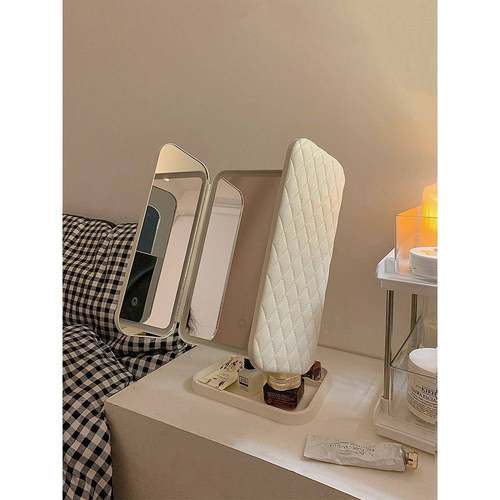 S壳双开门led化妆带灯纳盒一体镜台贝式桌面折434叠可调收节镜子 - 图1