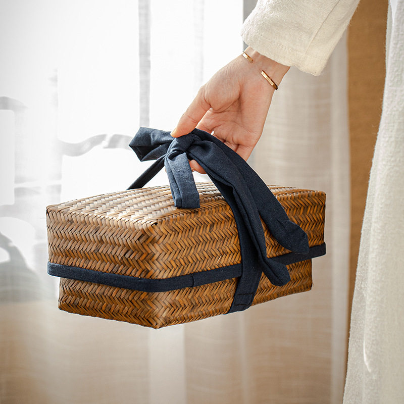Retro tea set storage box Bamboo portable travel tea set bag Bamboo Japanese storage basket Desktop storage basket