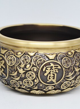 宏达 全黄铜钱币聚宝盆 家居办公G室玄关铜器浮雕聚宝盆摆件