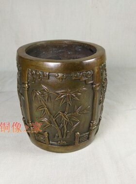 铜笔筒摆件 纯铜仿古梅兰竹菊四季笔筒 桌面书房笔筒文房四宝摆设