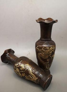 玩铜8640160鎏对道金花瓶一家居客厅摆件仿古铜花古瓶摆设影视具