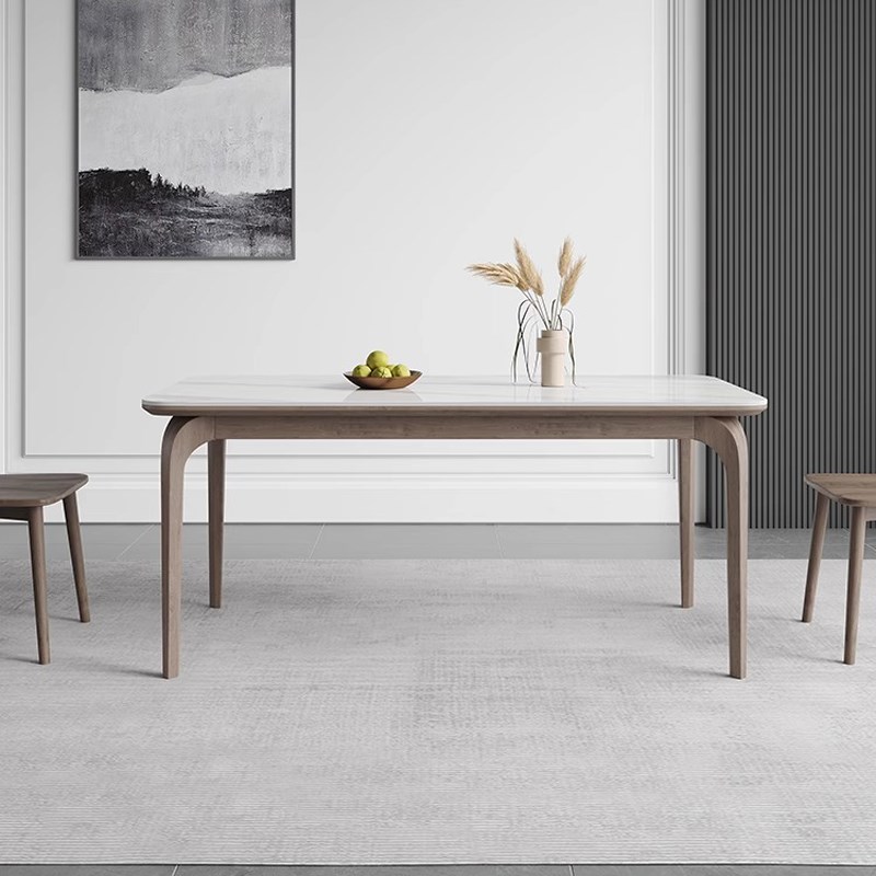 北欧胡桃色实木白色岩板餐桌椅组合家用大小户P型进口饭厅吃饭桌 - 图3