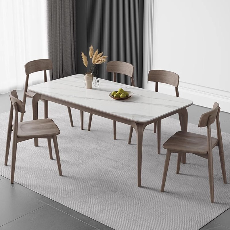 北欧胡桃色实木白色岩板餐桌椅组合家用大小户P型进口饭厅吃饭桌 - 图0