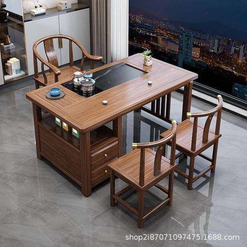 阳台小户型实木茶桌茶椅PKD组合新桌中式禅意客厅带抽茶屉一体泡 - 图0